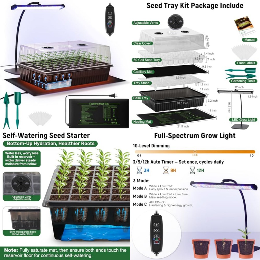 Seed Starter Trays - 60-cellige zelfwatergevende zaadstartset met groeilamp en