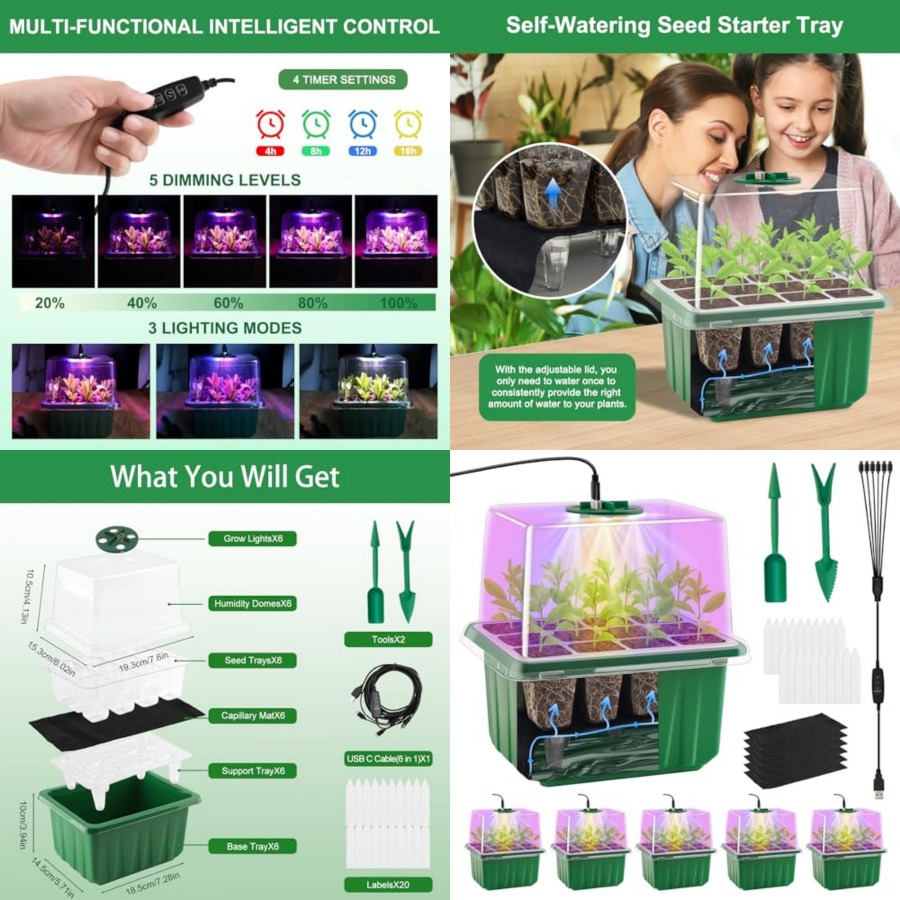 Seed Starter Trays - Zaaitray met verlichting, 6-pack plantenstarttrays, zaailingstartset